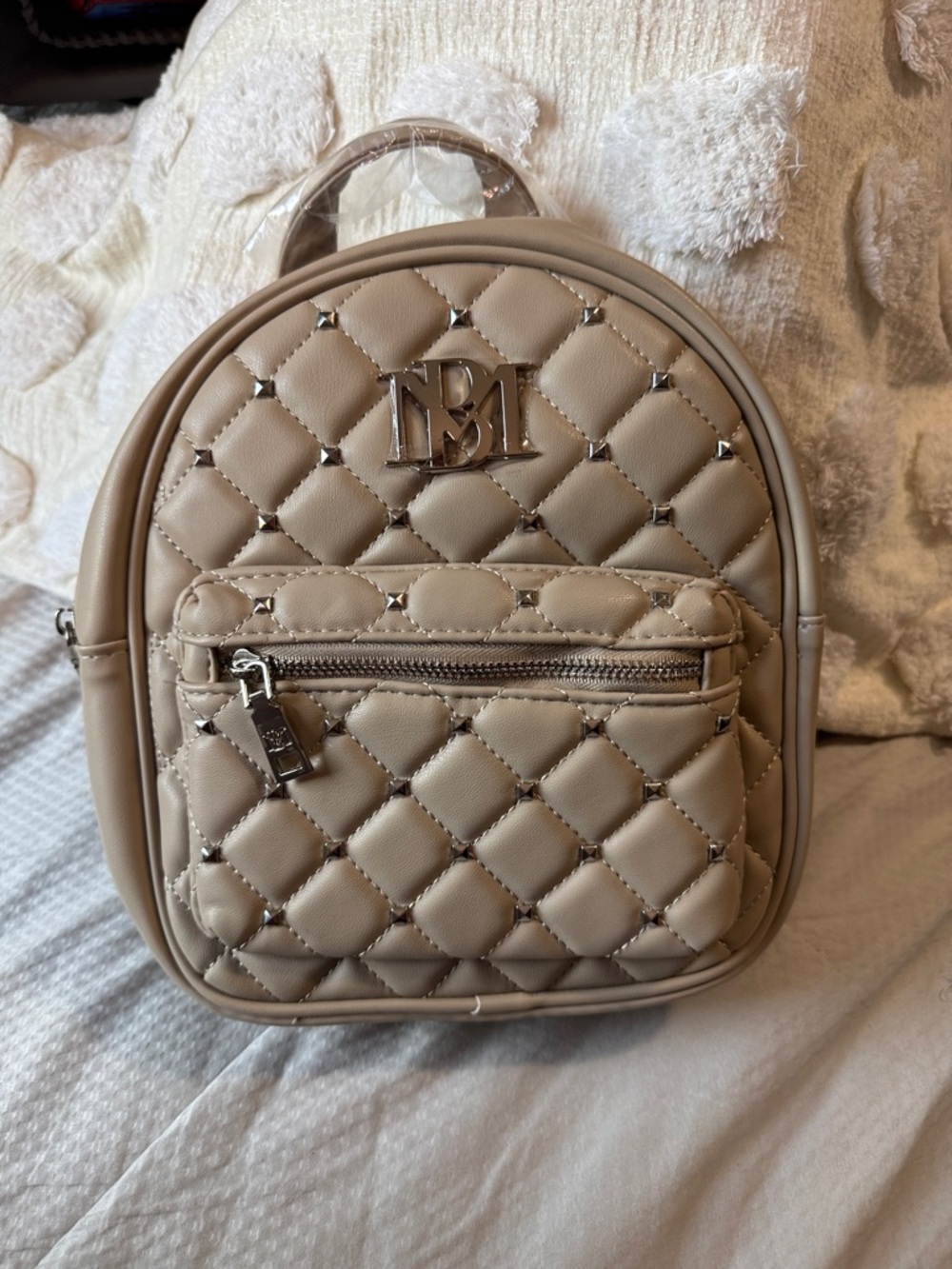 NWT Badgley Mischka Quilted Beige small Backpack with Silver Hardware